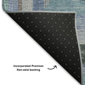 HomeRoots 10' Denim Blue, Ivory & Brown Geometric Area Rug - Washable, UV Protected & Non-Slip for Modern Spaces 709330