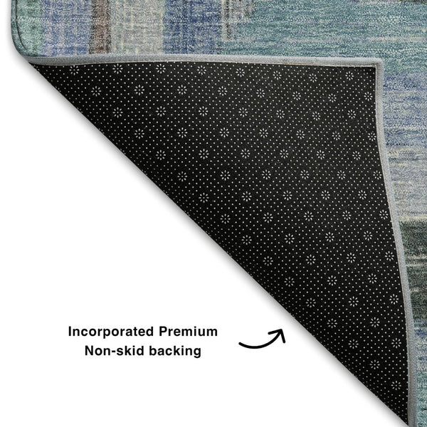 HomeRoots 10' Denim Blue, Ivory & Brown Geometric Area Rug - Washable, UV Protected & Non-Slip for Modern Spaces 709330