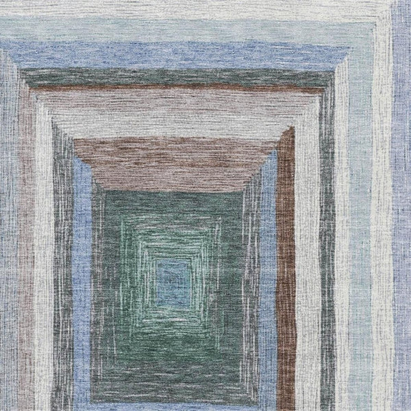 HomeRoots 10' Denim Blue, Ivory & Brown Geometric Area Rug - Washable, UV Protected & Non-Slip for Modern Spaces 709330