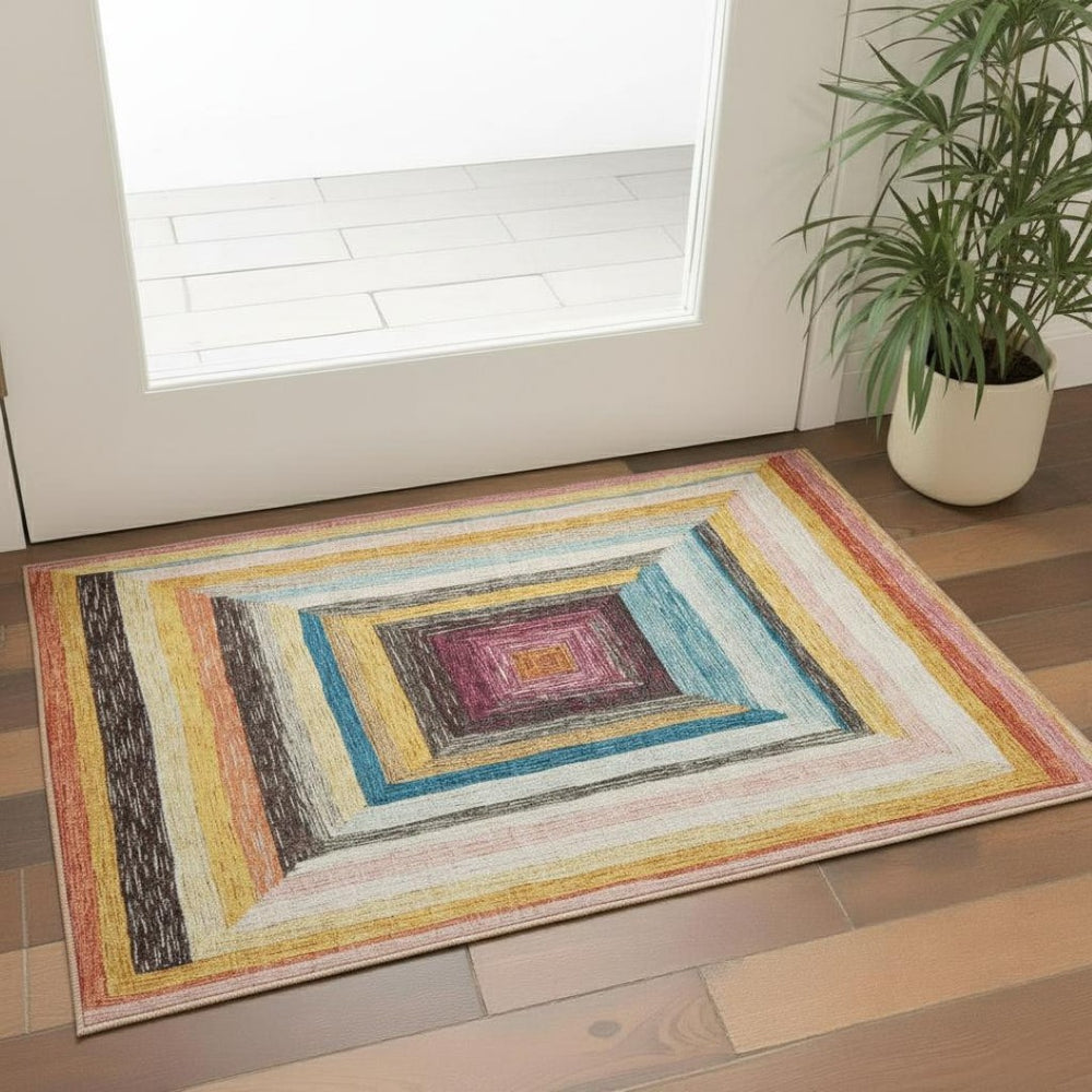 HomeRoots 5' X 8' Vibrant Amber Pink Teal Geometric Washable Area Rug with UV Protection for Busy Homes 709332