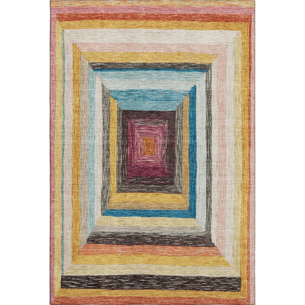 HomeRoots 5' X 8' Vibrant Amber Pink Teal Geometric Washable Area Rug with UV Protection for Busy Homes 709332