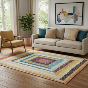 HomeRoots 8' Washable Round Rug in Vibrant Amber, Pink & Teal Geometric Design - UV Protected & Durable! 709333