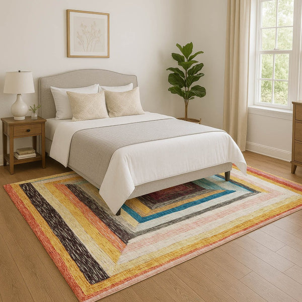 HomeRoots 8' Washable Round Rug in Vibrant Amber, Pink & Teal Geometric Design - UV Protected & Durable! 709333