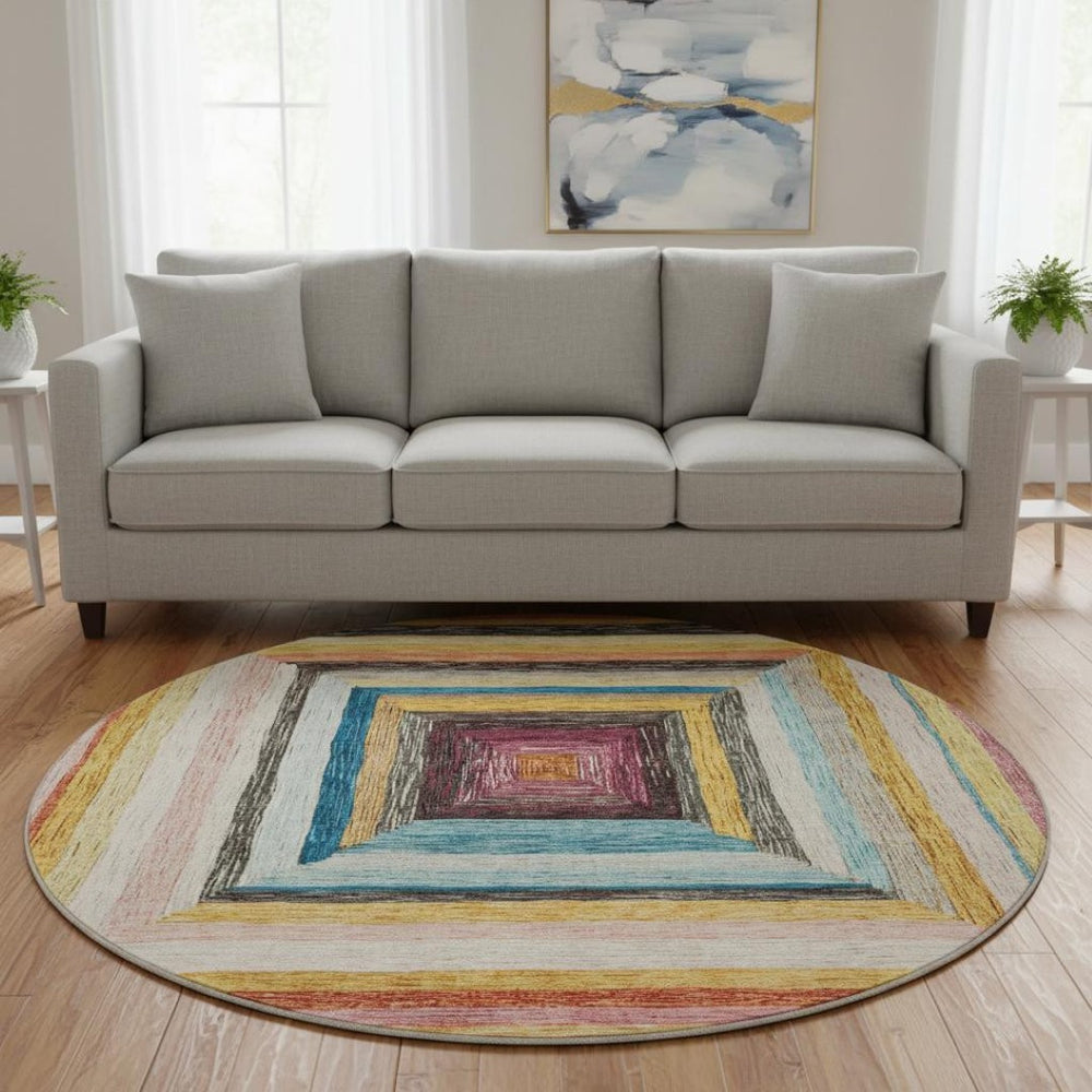 HomeRoots 8' X 10' Washable Amber Pink Teal Geometric Area Rug with UV Protection for High-Traffic Spaces 709334