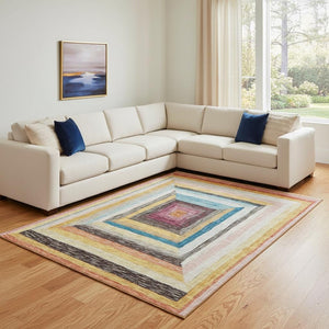 HomeRoots 9' X 12' Amber Pink & Teal Geometric Area Rug - Washable, Stain-Resistant, UV Protected for Homes 709335