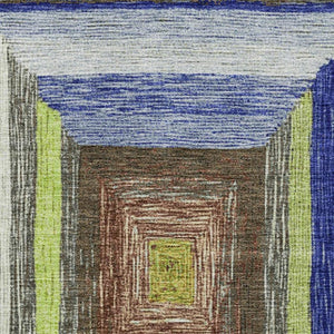 HomeRoots 5' X 8' Vibrant Geometric Area Rug in Lime Green, Blue & Brown - Washable, UV Protected, Durable Design 709338