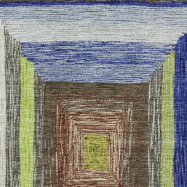 HomeRoots 5' X 8' Vibrant Geometric Area Rug in Lime Green, Blue & Brown - Washable, UV Protected, Durable Design 709338