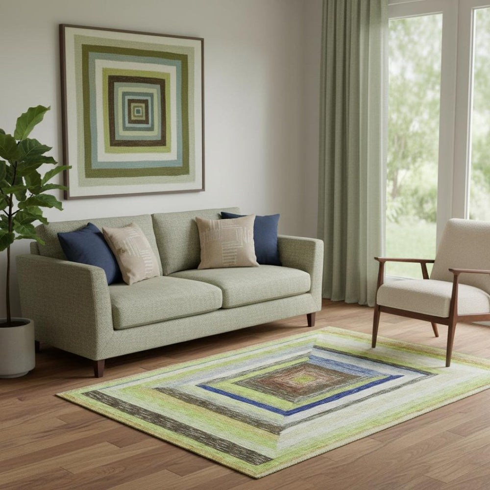 HomeRoots 8' Vibrant Lime Green, Blue & Brown Geometric Round Rug – Washable, UV-Protected, Family-Friendly Design 709339