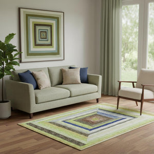 HomeRoots 8' Vibrant Lime Green, Blue & Brown Geometric Round Rug – Washable, UV-Protected, Family-Friendly Design 709339