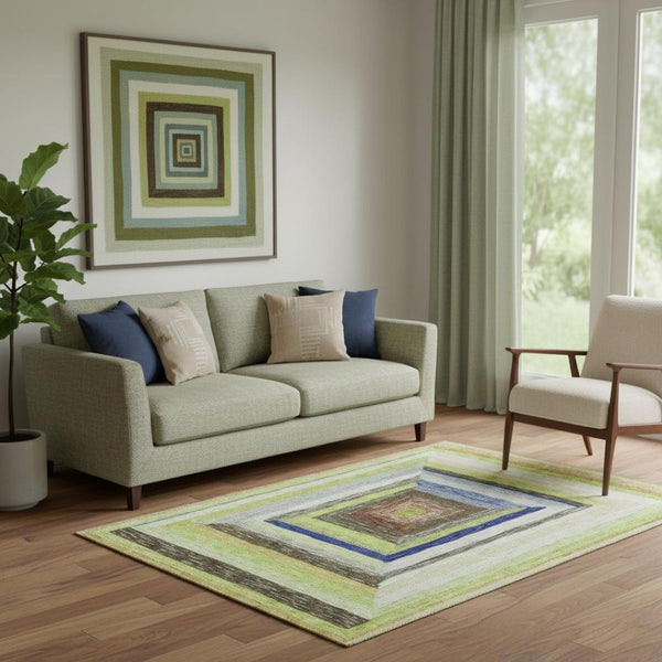 HomeRoots 8' Vibrant Lime Green, Blue & Brown Geometric Round Rug – Washable, UV-Protected, Family-Friendly Design 709339