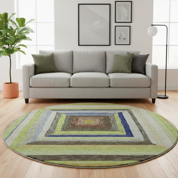 HomeRoots 8' X 10' Vibrant Geometric Washable Area Rug in Lime Green, Blue & Brown - UV Protection & Non-Slip! 709340