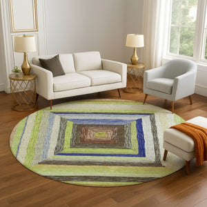 HomeRoots 8' X 10' Vibrant Geometric Washable Area Rug in Lime Green, Blue & Brown - UV Protection & Non-Slip! 709340
