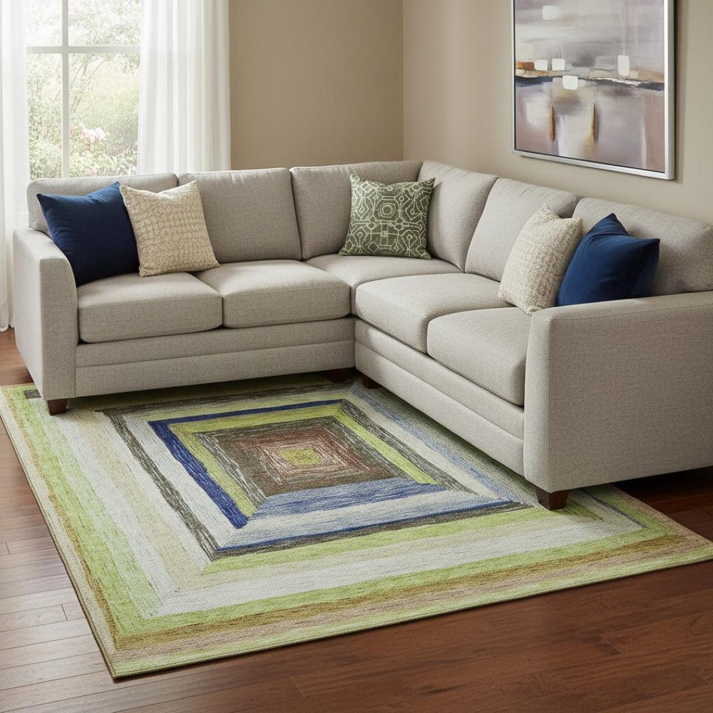 HomeRoots 9' X 12' Vibrant Lime Green, Blue & Brown Geometric Washable Area Rug with Non-Slip Backing 709341