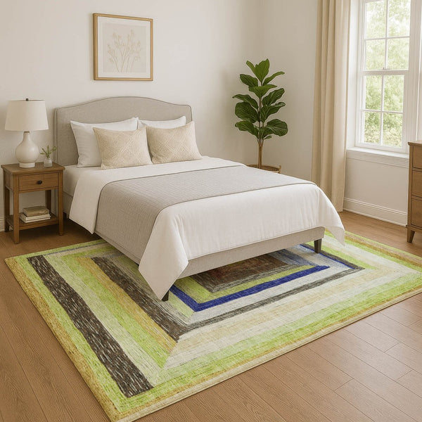 HomeRoots 9' X 12' Vibrant Lime Green, Blue & Brown Geometric Washable Area Rug with Non-Slip Backing 709341