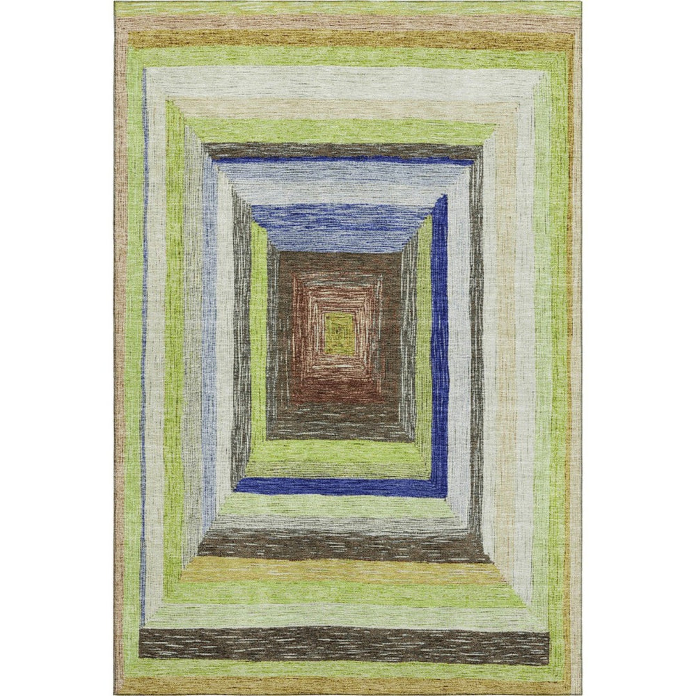 HomeRoots 9' X 12' Vibrant Lime Green, Blue & Brown Geometric Washable Area Rug with Non-Slip Backing 709341