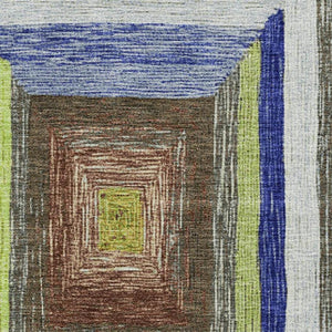 HomeRoots 9' X 12' Vibrant Lime Green, Blue & Brown Geometric Washable Area Rug with Non-Slip Backing 709341