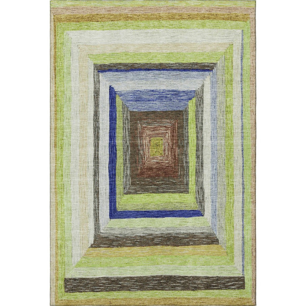 HomeRoots 9' X 12' Vibrant Lime Green, Blue & Brown Geometric Washable Area Rug with Non-Slip Backing 709341