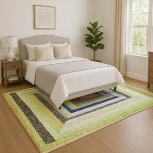 HomeRoots 10' Vibrant Lime Green, Blue & Brown Geometric Area Rug - Washable, UV-Protected & Non-Slip! 709342