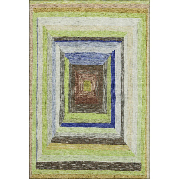 HomeRoots 10' Vibrant Lime Green, Blue & Brown Geometric Area Rug - Washable, UV-Protected & Non-Slip! 709342