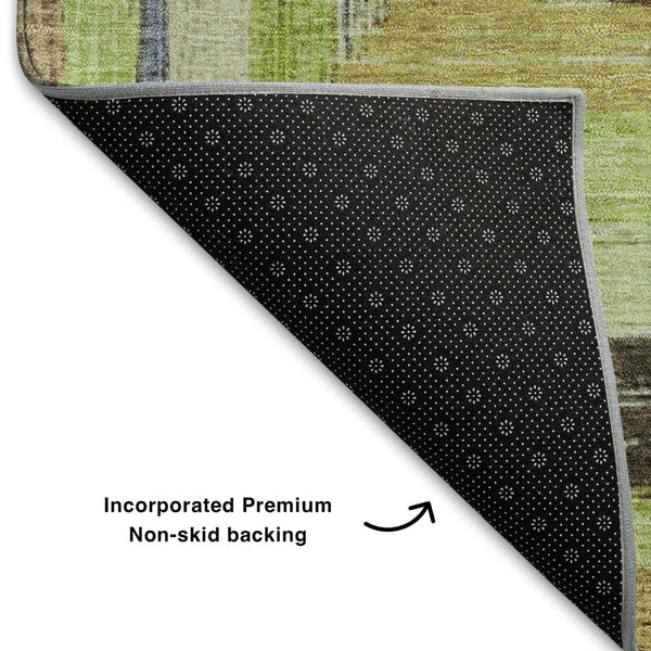HomeRoots 10' Vibrant Lime Green, Blue & Brown Geometric Area Rug - Washable, UV-Protected & Non-Slip! 709342