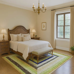HomeRoots 10' Vibrant Lime Green, Blue & Brown Geometric Area Rug - Washable, UV-Protected & Non-Slip! 709342