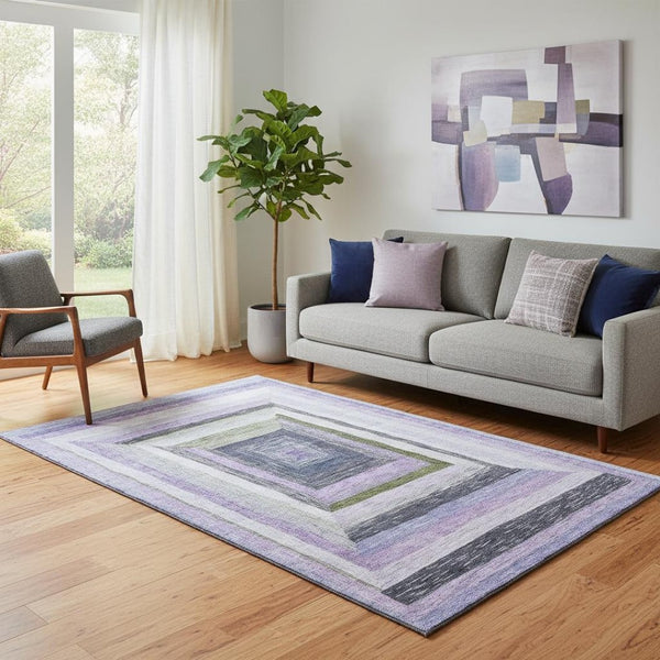HomeRoots 8' Modern Geometric Washable Round Rug in Lavender, Ivory & Charcoal – UV & Stain Resistant Design 709345