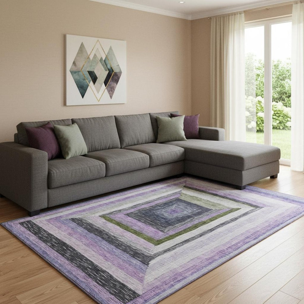 HomeRoots 9' X 12' Stylish Lavender Ivory Charcoal Geometric Area Rug - Washable, UV-Protected & Durable! 709347