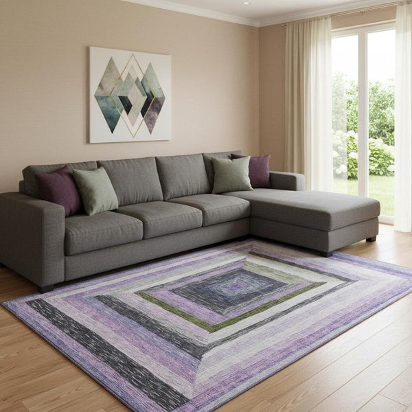 HomeRoots 9' X 12' Stylish Lavender Ivory Charcoal Geometric Area Rug - Washable, UV-Protected & Durable! 709347