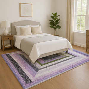 HomeRoots 9' X 12' Stylish Lavender Ivory Charcoal Geometric Area Rug - Washable, UV-Protected & Durable! 709347
