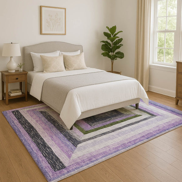 HomeRoots 9' X 12' Stylish Lavender Ivory Charcoal Geometric Area Rug - Washable, UV-Protected & Durable! 709347