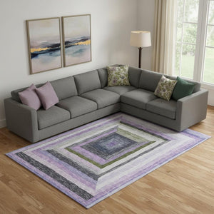 HomeRoots 10' X 14' Modern Geometric Lavender Ivory Charcoal Area Rug - UV Protected & Washable Design 709348