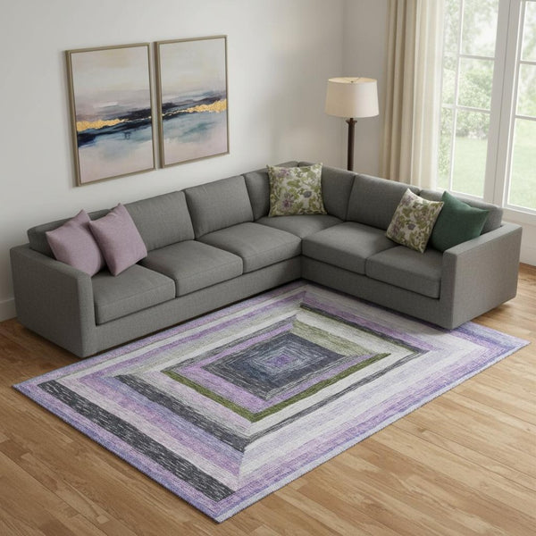 HomeRoots 10' X 14' Modern Geometric Lavender Ivory Charcoal Area Rug - UV Protected & Washable Design 709348