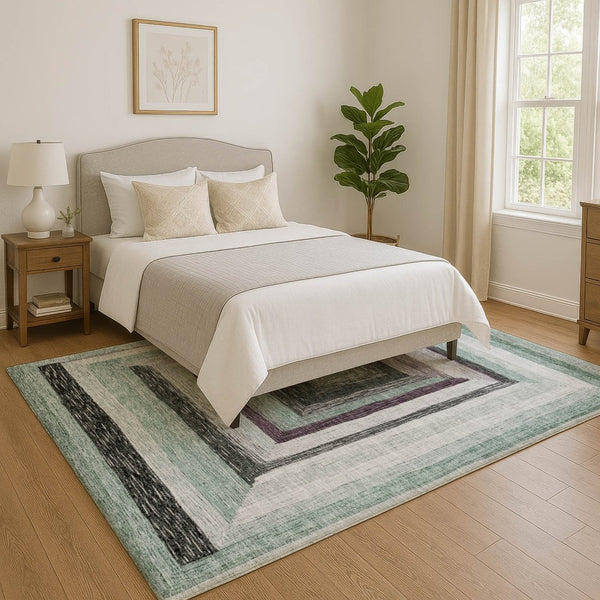 HomeRoots 8' Pale Aqua, Ivory & Gray Geometric Round Rug – Washable, UV-Protected & Perfect for Busy Homes! 709351