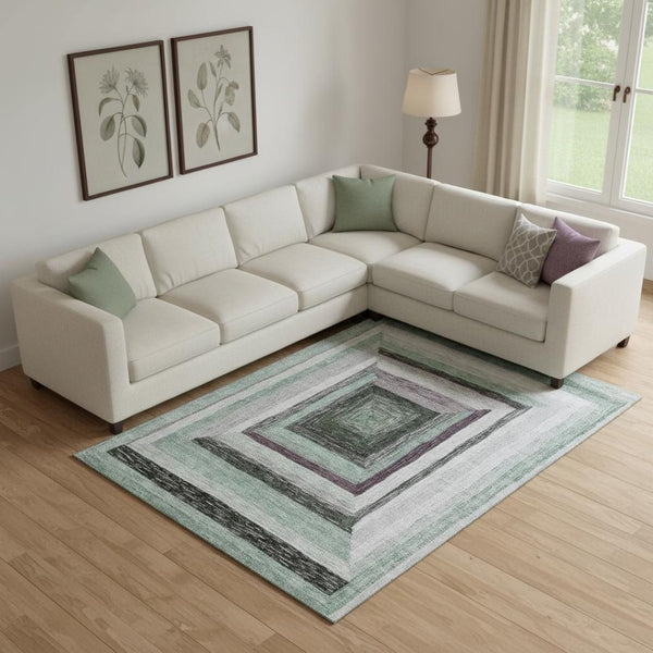 HomeRoots 10' Washable Pale Aqua, Ivory & Gray Geometric Area Rug with UV Protection for Home & Outdoor Use 709354