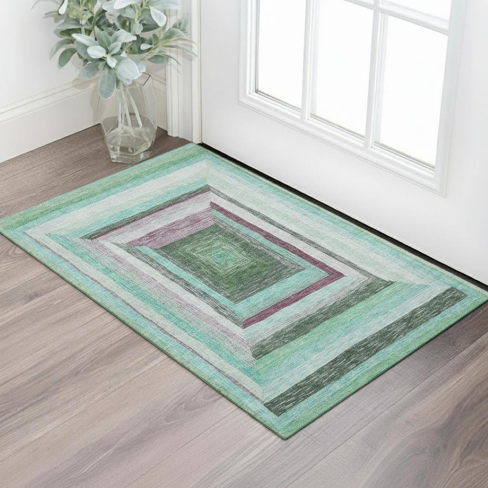 HomeRoots 5' X 8' Teal Mauve Ivory Geometric Washable Area Rug - Stylish, Durable, UV-Protected for Family Homes 709356