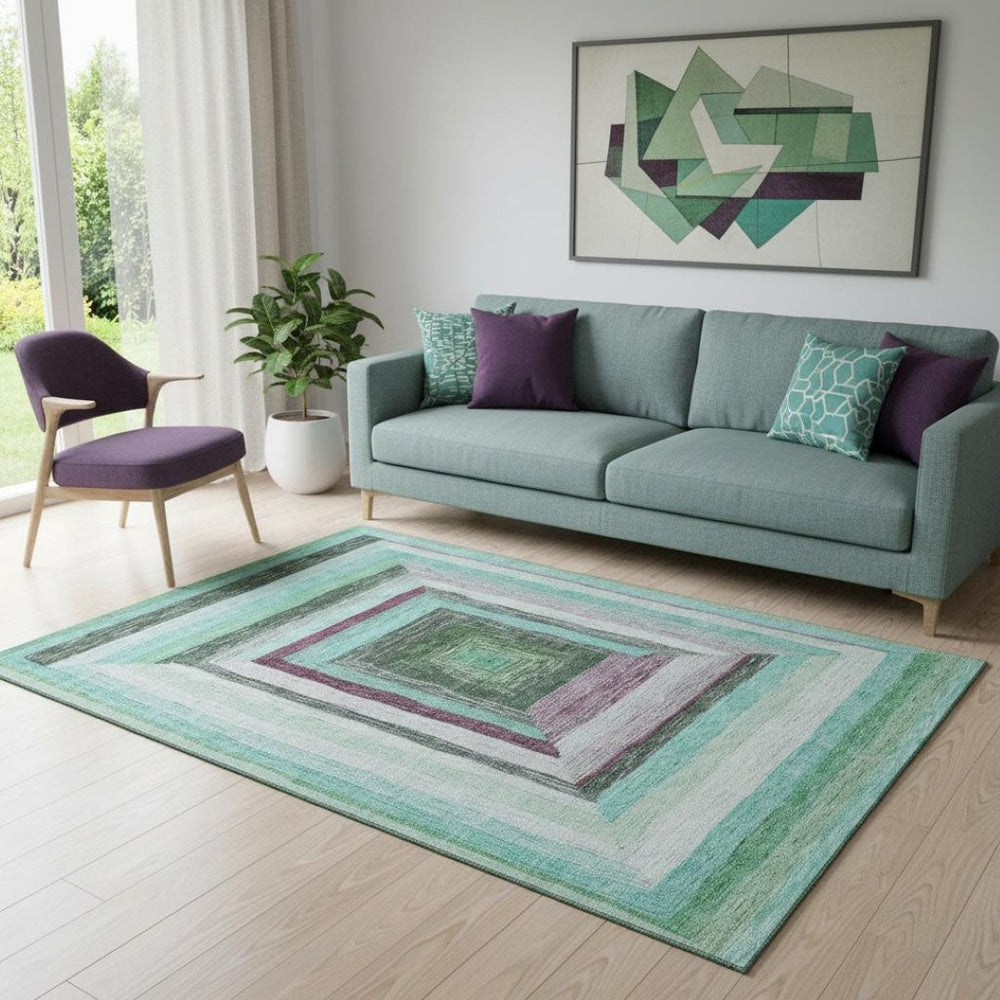 HomeRoots 8' Teal Mauve & Ivory Washable Round Rug - UV Protected, Stain-Resistant, Perfect for High Traffic Areas! 709357