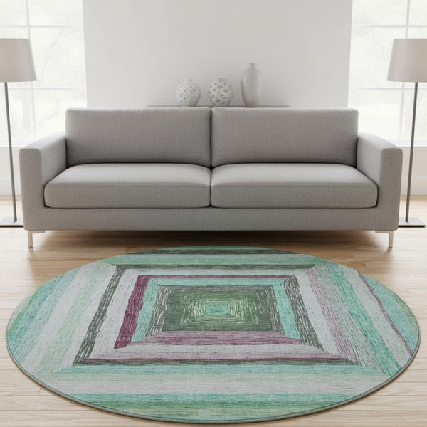 HomeRoots 8' X 10' Teal Mauve Ivory Geometric Area Rug – Washable, UV-Protected, & Ideal for High-Traffic Spaces 709358