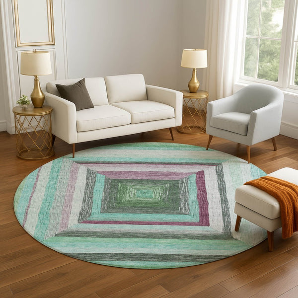 HomeRoots 8' X 10' Teal Mauve Ivory Geometric Area Rug – Washable, UV-Protected, & Ideal for High-Traffic Spaces 709358