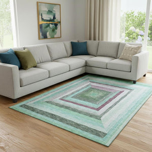 HomeRoots 9' X 12' Washable Geometric Area Rug in Teal, Mauve, and Ivory – UV Protected, Durable & Stylish! 709359