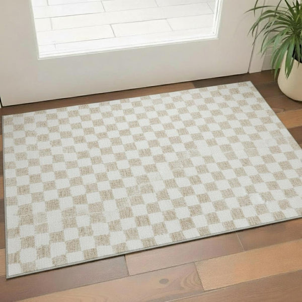 HomeRoots 5' X 8' Beige and Ivory Geometric Area Rug - Washable, Stain Resistant, UV Protection for Family Spaces 709362