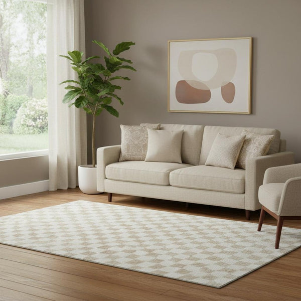 HomeRoots 8' Beige and Ivory Geometric Round Rug – Washable, UV-Protected, Stain-Resistant for Modern Homes 709363