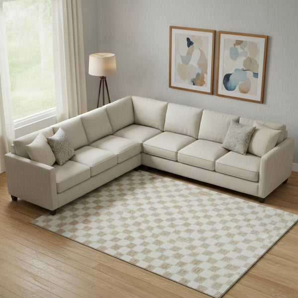 HomeRoots 10' X 14' Beige and Ivory Geometric Washable Area Rug with UV Protection for Stylish Living Spaces 709366