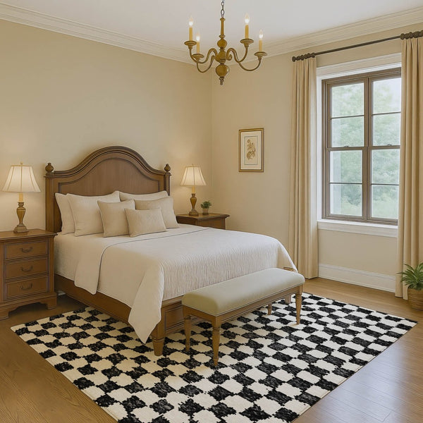 HomeRoots 5' X 8' Black And Ivory Geometric Area Rug - Washable, UV-Protected, Pet-Friendly, Stylish Design 709368