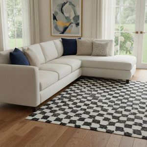 HomeRoots 9' X 12' Stylish Black and Ivory Geometric Area Rug with UV Protection, Stain Resistance & Durability 709371