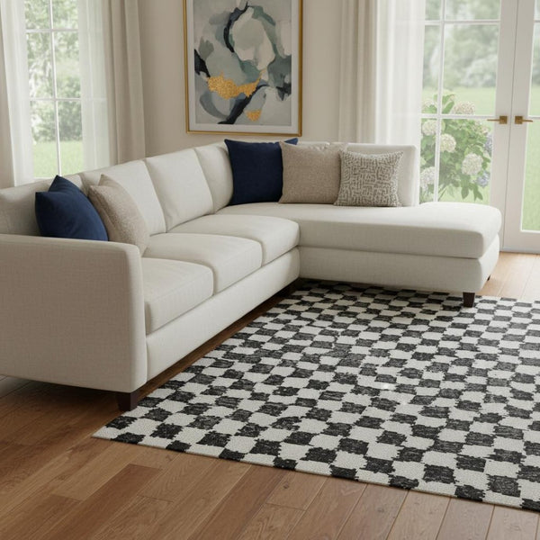 HomeRoots 9' X 12' Stylish Black and Ivory Geometric Area Rug with UV Protection, Stain Resistance & Durability 709371