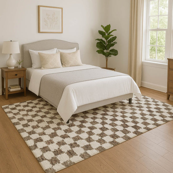 HomeRoots 8' Brown and Ivory Geometric Washable Round Rug – Stain-Resistant, UV Protected, Perfect for Busy Homes! 709375