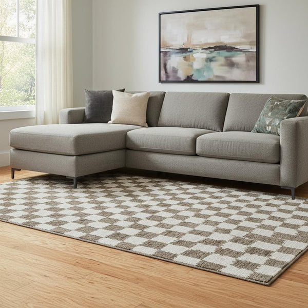 HomeRoots 9' X 12' Brown & Ivory Geometric Area Rug - Durable, Washable, UV Protected for Modern Homes 709377