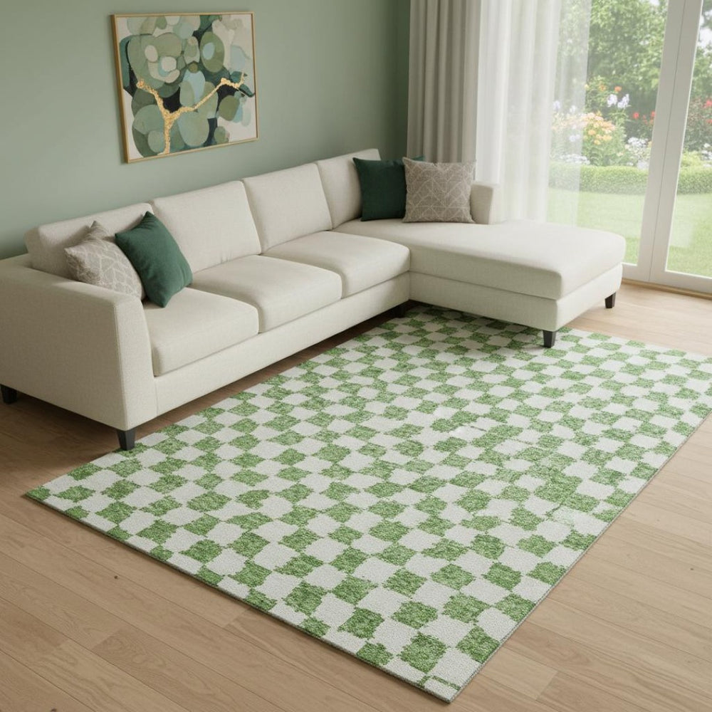 HomeRoots 9' X 12' Green and Ivory Geometric Area Rug - Washable, UV Protected, and Perfect for High-Traffic Homes! 709383