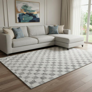 HomeRoots 9' X 12' Gray & Ivory Geometric Area Rug - Washable, UV-Protected, Durable, Modern Design for Homes 709389