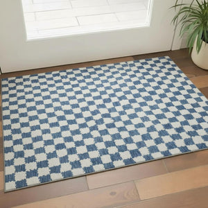 HomeRoots 5' X 8' Stylish Navy Blue & Ivory Geometric Area Rug - Washable, UV Protected, Non-Slip Design! 709392